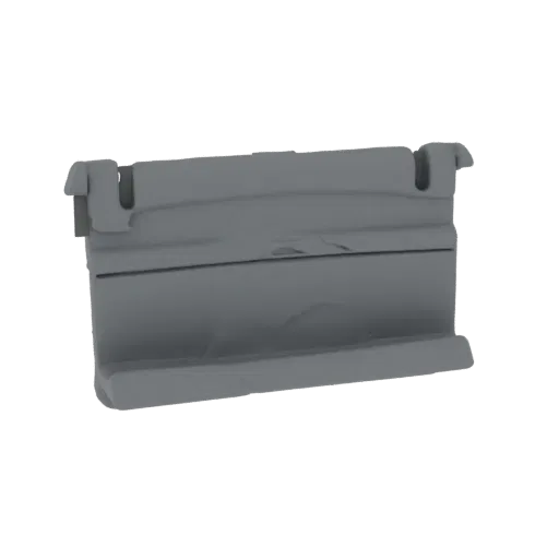 Un rendering 3D di un porta clip industriale in metallo grigio con clip visibili e un design funzionale, isolato su sfondo bianco.
