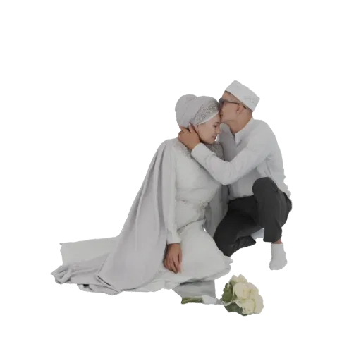3D model of a Muslim bride and groom in white wedding attire, sharing a tender kiss, with a bouquet of white roses nearby.