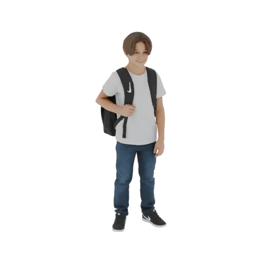 3D model of a young boy with brown hair, wearing a white t-shirt, blue jeans, and a black backpack, smiling.