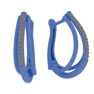 Un modello 3D di un paio di orecchini a doppio cerchio blu con una fila di diamanti scintillanti su ogni cerchio, esposto su