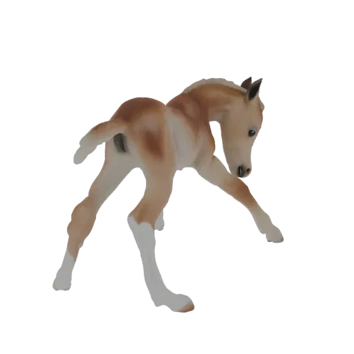 Modèle 3D d'un bébé cheval brun clair aux pattes blanches, capturé dans une pose ludique et dynamique.