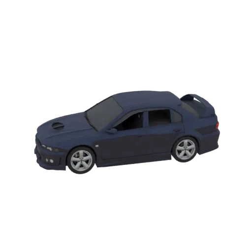 A 3D render of a dark blue tuner sedan with a large rear spoiler, viewed from a three-quarter front angle against a white bac