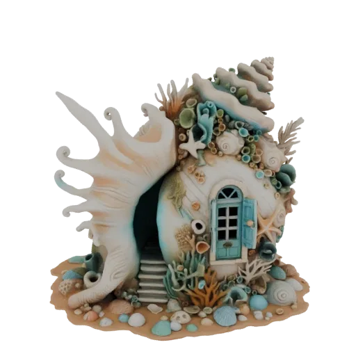 3D model of a miniature house built inside a large seashell, adorned with colorful coral and marine life on a sandy base.