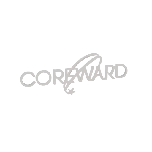 Modelo 3D del logo Coreward, con una 'C' estilizada con un swoosh y una estrella.