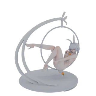 Modelo 3D de uma figura estilizada de coelho menina com cabelo branco e orelhas de coelho, posando em um suporte de balanço b