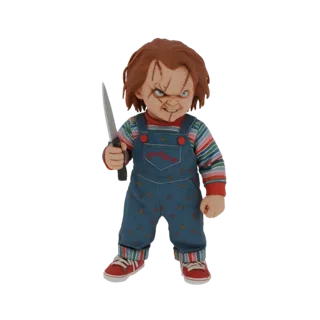 3D model of the Chucky doll from Child's Play, holding a knife and wearing blue overalls.