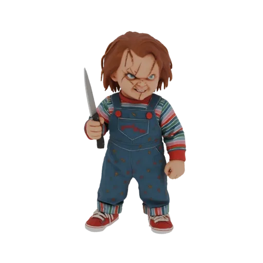 Modelo 3D da boneca Chucky de 'Brinquedo Assassino', segurando uma faca e vestindo um macacão azul.