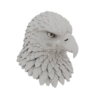 3D model render of a detailed eagle head sculpture with intricate feather textures and a sharp beak, set against a white back