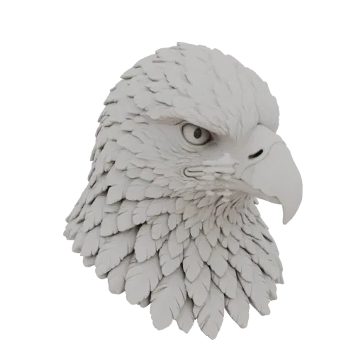Render de modelo 3D de uma detalhada escultura de cabeça de águia com intrincadas texturas de penas e um bico afiado, contra