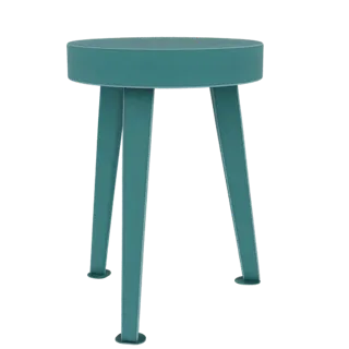 A 3D render of a modern teal round stool with three tapered legs, presented on a white background.