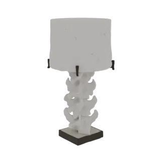 3D model of a table lamp with a base shaped like a human spinal column and a white drum shade, against a white background.