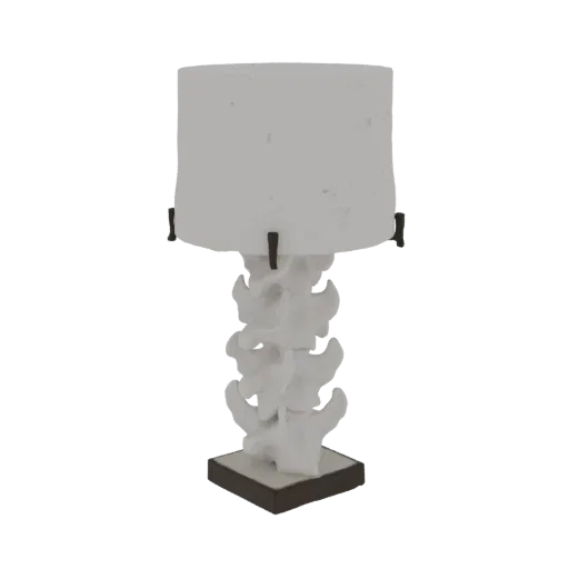 3D model of a table lamp with a base shaped like a human spinal column and a white drum shade, against a white background.