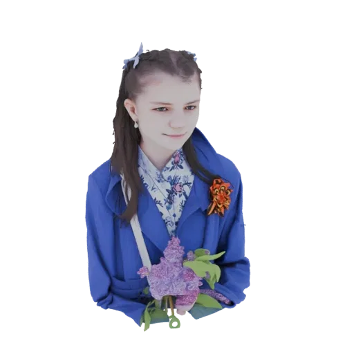 3D model of a young girl with braided hair, wearing a blue coat and holding a bouquet of purple lilacs, with a gentle smile.