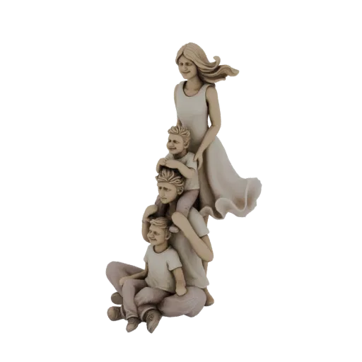 3D model of a family hug sculpture, showing a mother embracing her three children in a loving, stacked pose.