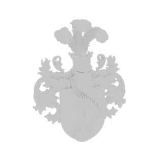 3D model of a white, ornate heraldic crest featuring a griffin on the shield, a helmet with feathers, and decorative scrollwo