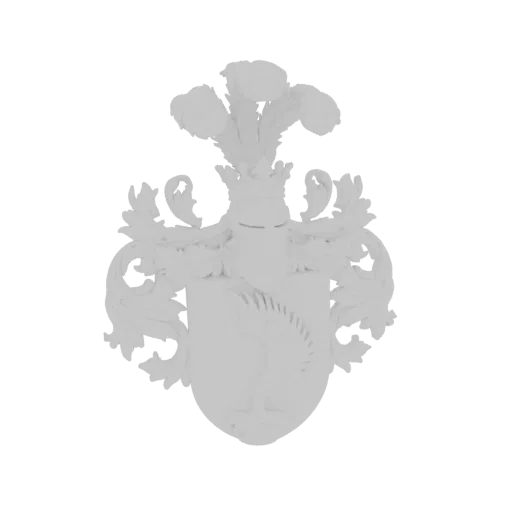 3D model of a white, ornate heraldic crest featuring a griffin on the shield, a helmet with feathers, and decorative scrollwo