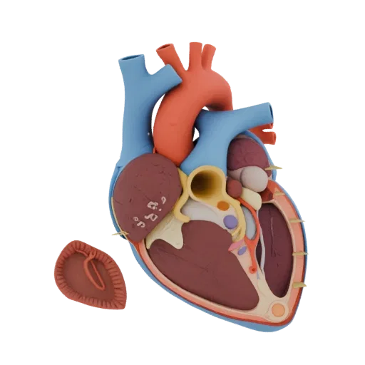 Cutaway Heart Education 3D model, three-quarter training render, showing soft tissue colors, organ silhouette.