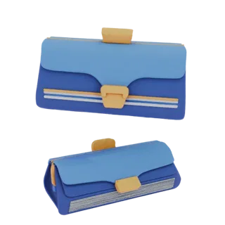 3D model of a blue minimalist evening clutch with a gold clasp, shown from two angles.
