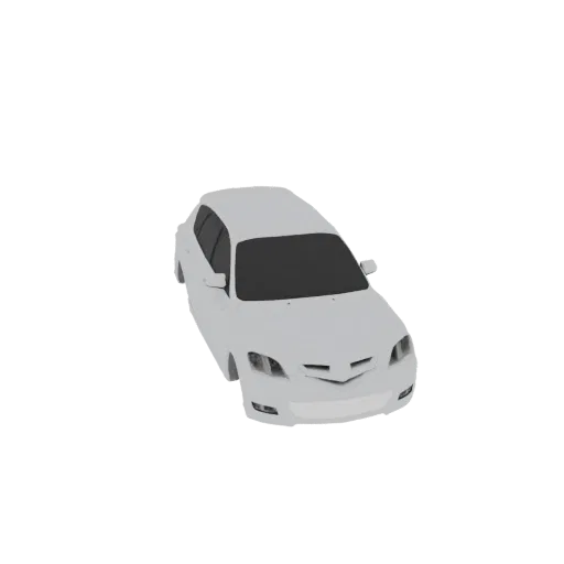 A 3D model of a white hatchback car, viewed from a slightly elevated angle, against a black background.