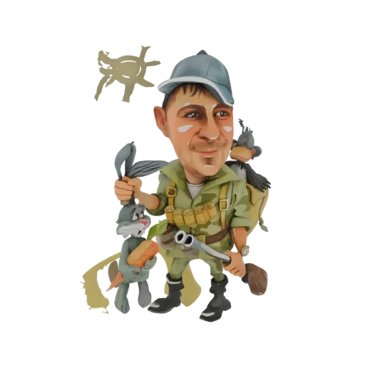 3D model of a cartoon hunter character holding a bunny with a carrot and a duck on his shoulder.