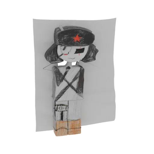 3D model render of a stylized Soviet soldier character with a red star hat and pencil-sketch aesthetic.