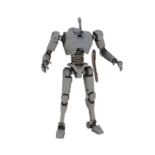 3D model of a gray articulated humanoid robot standing on a black background.