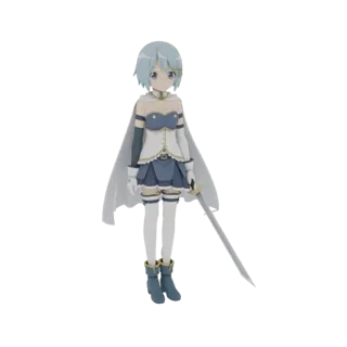 Modelo 3D de Madoka Kaname con su atuendo de chica mágica, sosteniendo una espada, con cabello azul claro y una capa blanca.