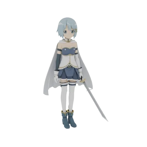 Modelo 3D de Madoka Kaname em seu traje de garota mágica, segurando uma espada, com cabelo azul claro e uma capa branca.