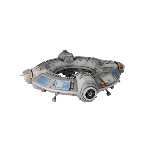 Research Docking Hub Low Poly 3D model, game viewport three-quarter view, showing metal modules, modular station layout.