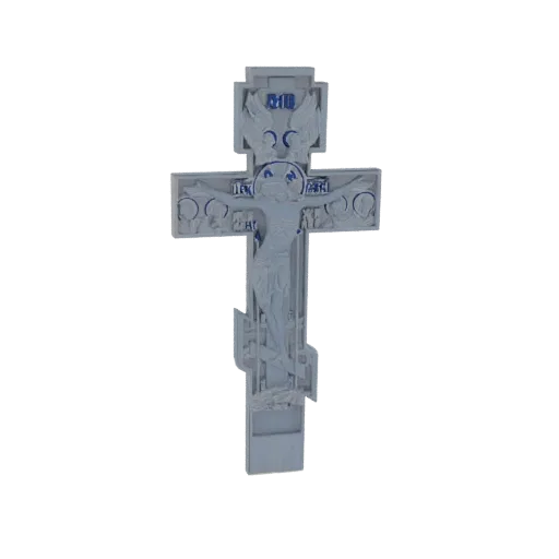 3D model of an Orthodox crucifix with Christ, angels, and saints, rendered in a light grey material.