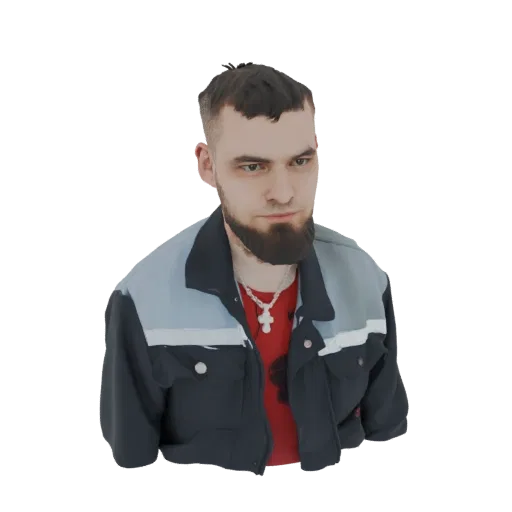 3D model of a man wearing a dark work jacket with blue and white accents over a red t-shirt, featuring a beard.