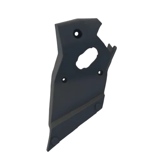 3D render of a dark gray automotive bracket with mounting holes and a central cutout, presented against a white background.