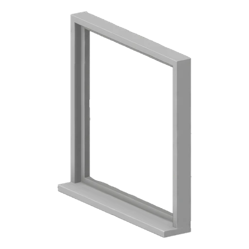 A 3D model of a simple, minimalist window frame with a sill, presented against a black background.