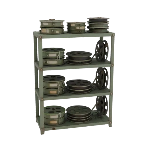 Three-tier metal shelving unit in Soviet style, filled with vintage film reels and spools.