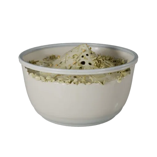 Fresh Herb Flour Bowl 3D model, three-quarter front view, Unity viewport, showing powders, small ingredient shapes.