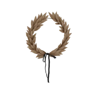 Um modelo 3D de coroa de louros feita de folhas marrons, amarrada com uma fita preta pendurada.