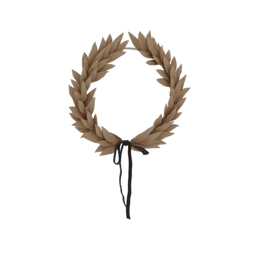 A 3D model of a laurel wreath made of brown leaves, tied with a black ribbon hanging down.
