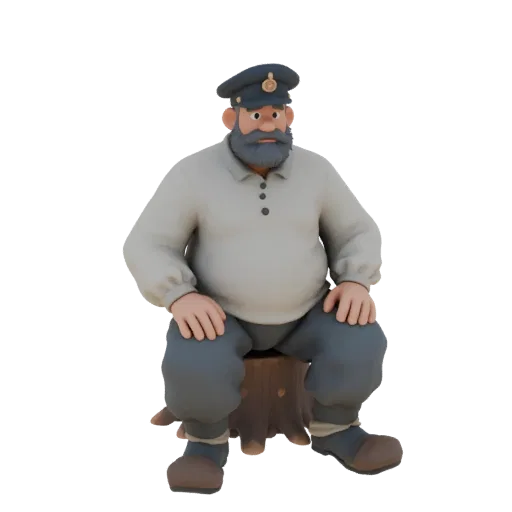 3D model old man Russian clothes sitting stump beard cap