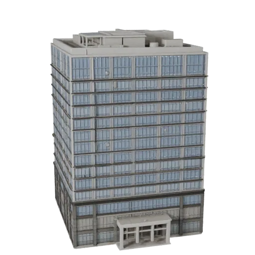 Glass Office Building Unity-ready 3D model, Unity engine viewport, showing commercial office building materials and architectural detail