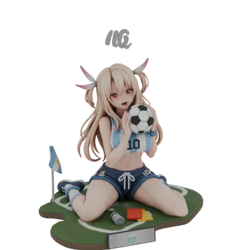 3D model of an anime girl dressed as a footballer, kneeling on a miniature soccer field holding a ball.