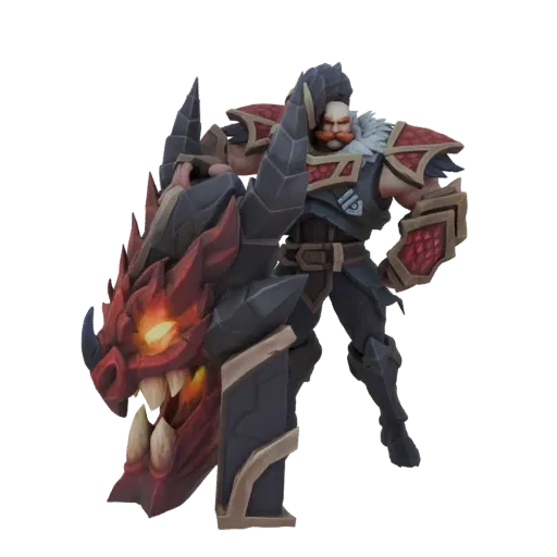 Modelo 3D de un guerrero musculoso con un escudo de cabeza de dragón roja, vistiendo armadura oscura con detalles rojos.