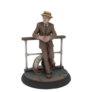 3D model of a 1920s gentleman in a brown suit and fedora, leaning on a ship's railing with a life preserver on the deck.