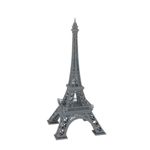 A detailed 3D model of the Eiffel Tower, rendered in a neutral gray, against a white background.