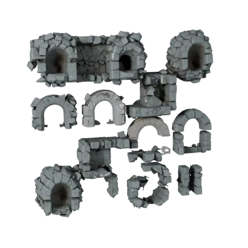 Mine Tunnel Segment Modular 3D model, isometric modular kit view, showing aged stone, built remnants.