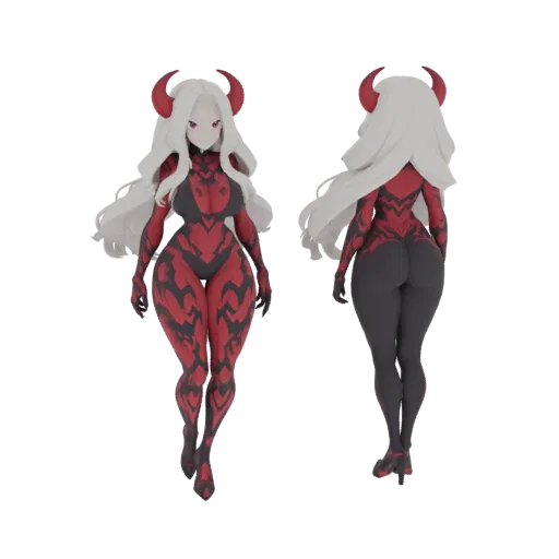 Front and back view of a 3D model of a demoness with white hair, red horns, and a red and black patterned suit.