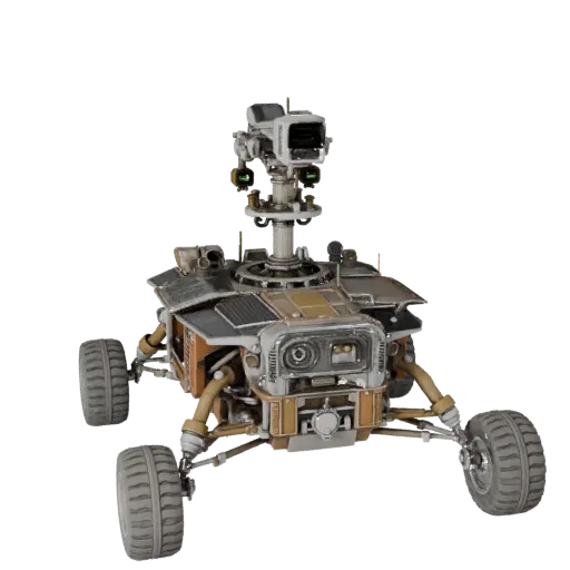 Ice World Lunar Lander High Poly 3D model, close-up studio render, showing dusty wheels, vehicle stance.