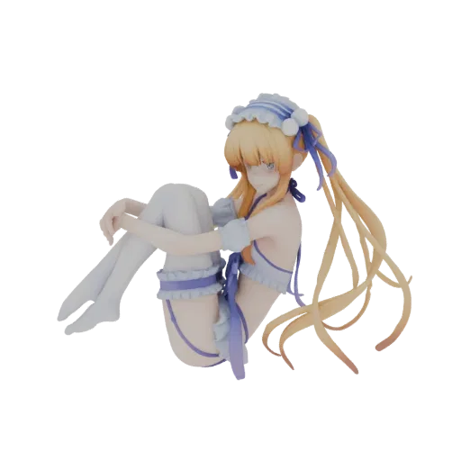 Modelo 3D de chica estilo anime con uniforme de doncella, sentada con las piernas recogidas y mirando al espectador.
