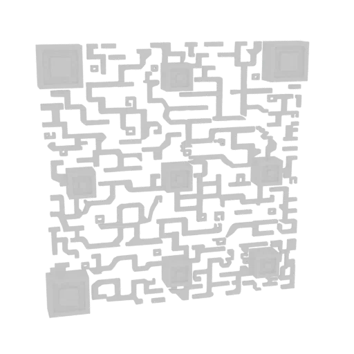 3D render of a QR code pattern with a black background and light gray geometric elements.
