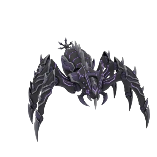 A menacing cybernetic spider creature with a dark metallic body and glowing purple accents, viewed from a slightly elevated a