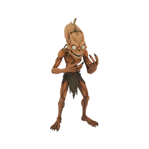 Um modelo 3D assustador de um Monstro Cabeça de Abóbora com cabeça de abóbora esculpida e corpo magro e retorcido, em pose am